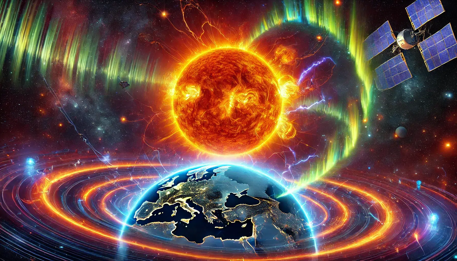 Illustrasjon av solen som sender ut et koronalt masseutbrudd (CME) med synlige plasmautbrudd på vei mot jorden. Jorden vises i forgrunnen med nordlys som gløder over polene, omgitt av et stjernespekket verdensrom.