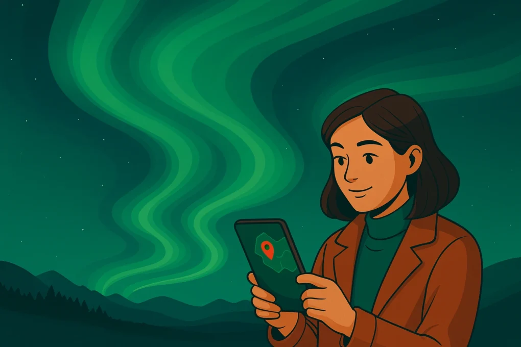 Will there be aurora near you? 1 En AI-generert illustrasjon av en kvinne som sjekker om det blir nordlys der hun er. Brukes på siden "Blir det nordlys hos deg?"