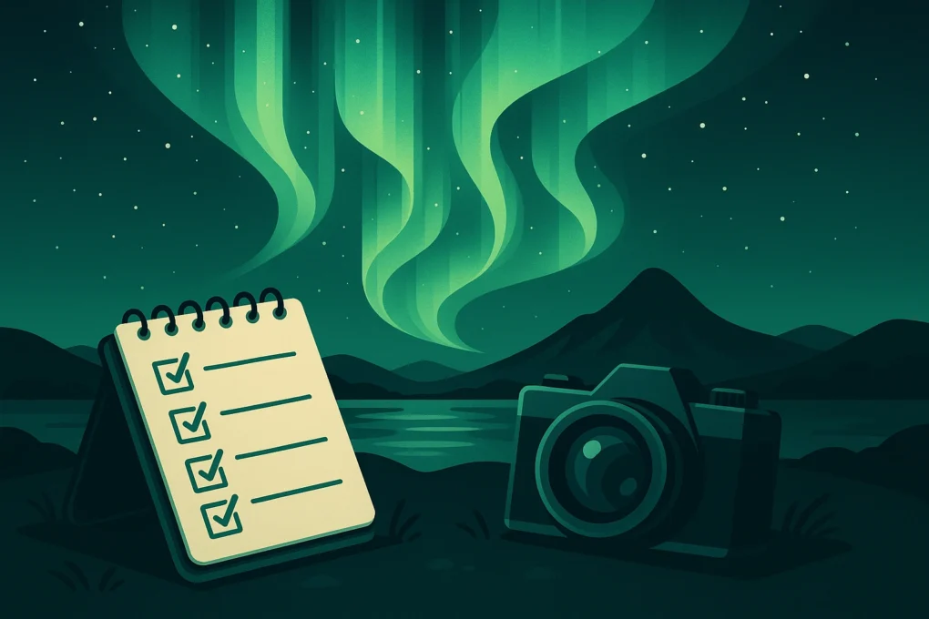 En AI-generert illustrasjon med en blokk og et kamera under nordlyset. Brukes som fremhevet bilde til siden "Dagens fotoutfordring"