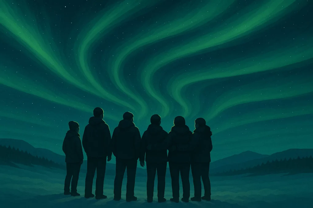 Fremhevet bilde til siden "Fellesskap". Viser en gjeng med mennesker som nyter nordlyset sammen.