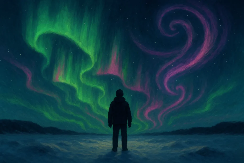 Fremhevet bilde til artikkelen "hva er nordlys". Du er ute en stille vinternatt, snøen knirker under skoene, og over deg henger den svarte himmelen helt stille. Så skjer det et grønt slør bølger over horisonten, rosa glimt og lilla spiraler danser, forsvinner og kommer tilbake. Du holder pusten. Du ser nordlyset.