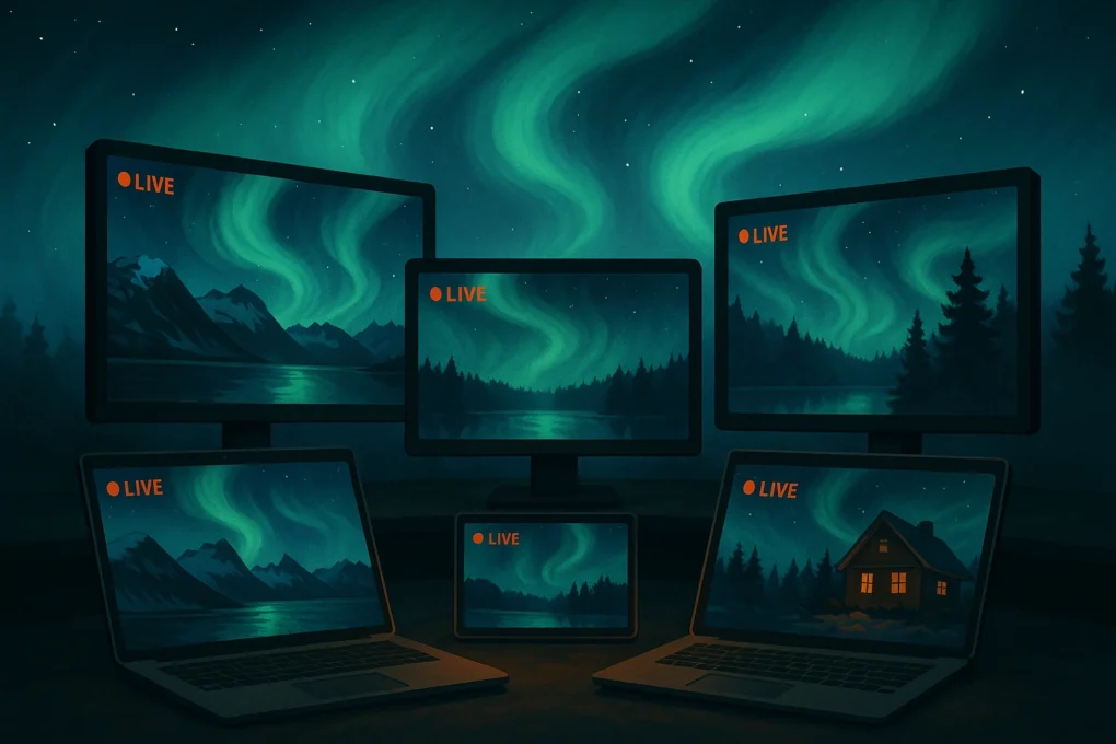 En AI-generert illustrasjon av nordlyshimmel og skjermer som viser nordlyset live. Brukes på siden "Nordlyskamera"