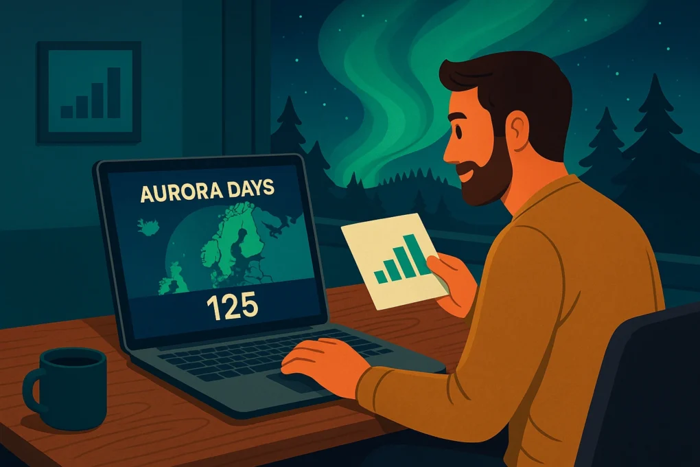 En AI-generert illustrasjon av en mann som sitter å teller nordlysdøgn.