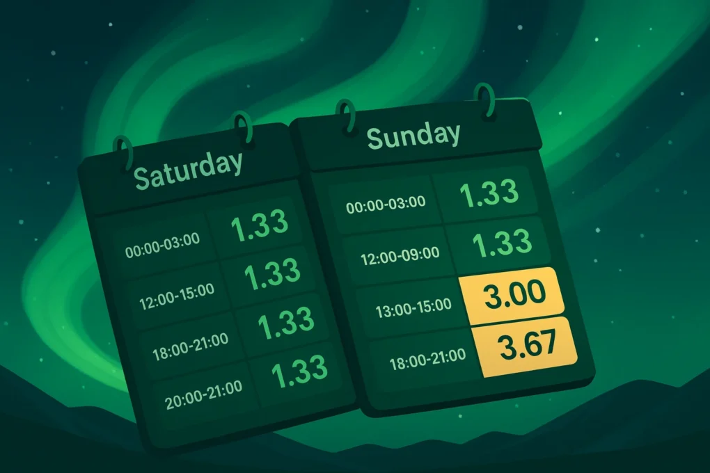 Three-day aurora forecast 1 AI-generert illustrasjon som viser en kalender og KP-indeks. Brukes på siden "Tre-dagers prognose"