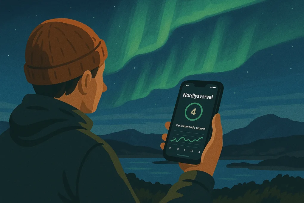 AI-generert illustrasjon av en person som ser på nordlyset mens han holder et nordlysvarsel på mobilen, med klar himmel og grønt nordlys i bakgrunnen. Hvordan fungerer nordlysvarsel.