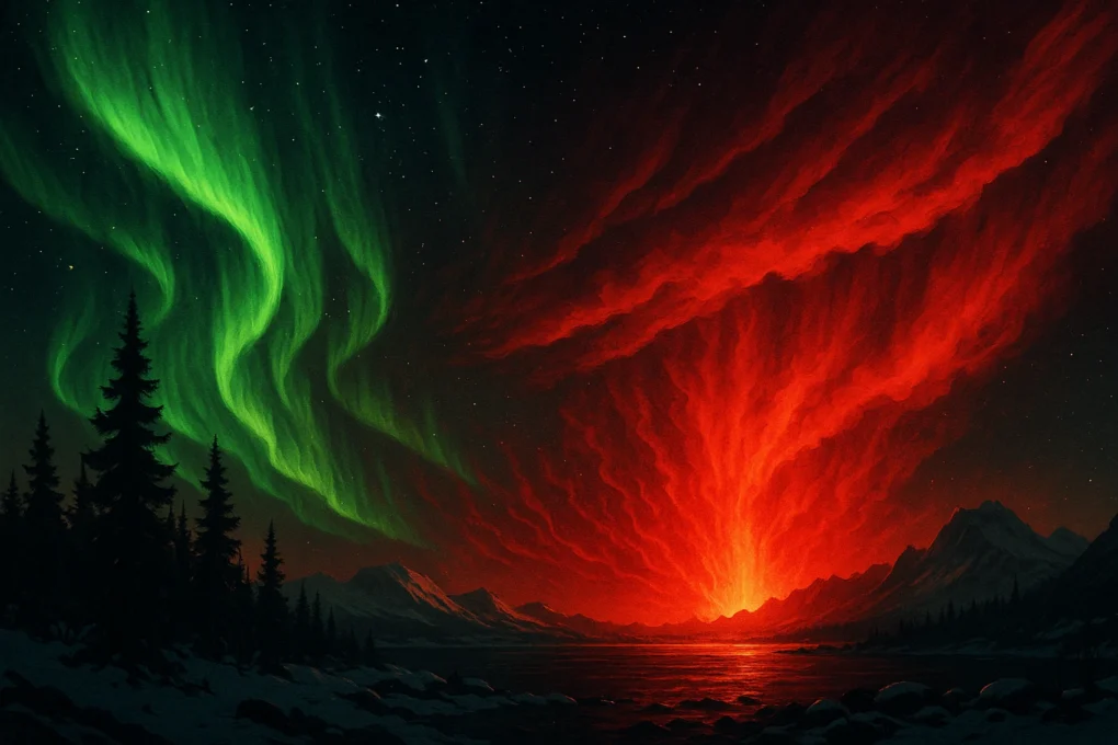 Digital illustrasjon av nordlyset, grønt og rødt slør på nattehimmelen over fjell og skog
