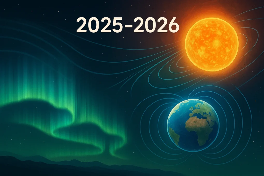Illustrasjon av nordlyssesongen 2025–2026: solaktivitet, jordens magnetfelt og nordlys over Norge.